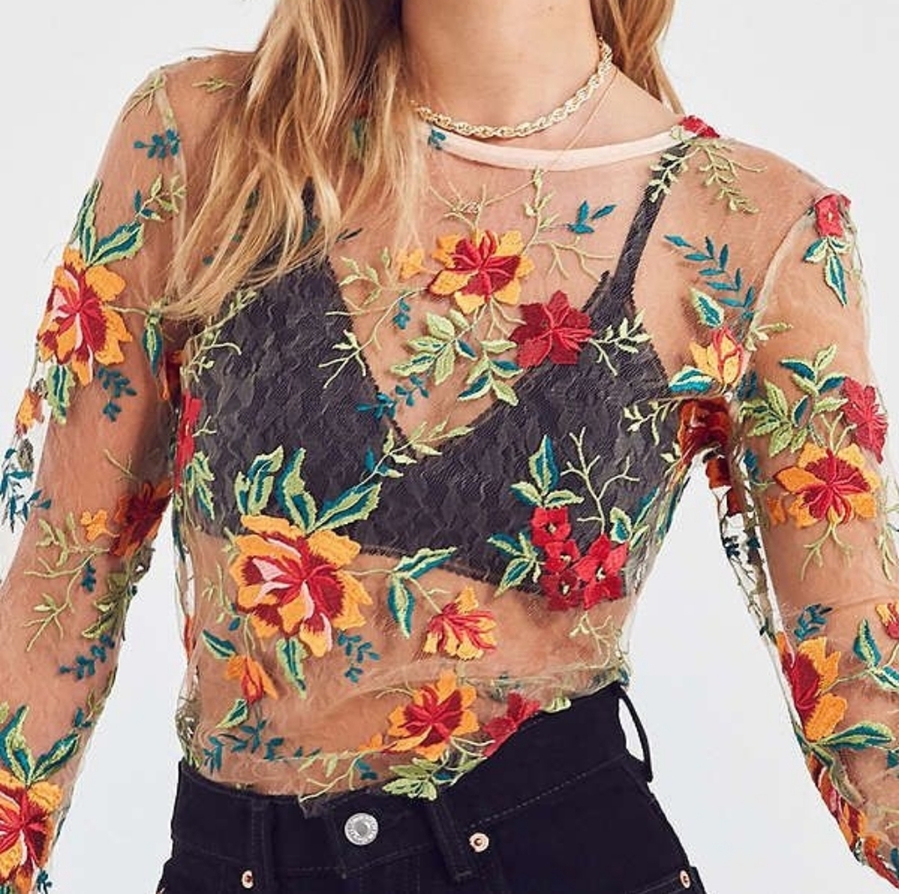 Urban Outfitters floral embroidered mesh tee
